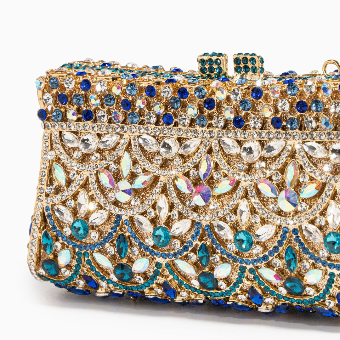 Calla | Crystal Evening Clutch Bag | Gold & Blue Rhinestone, Ornament Pattern