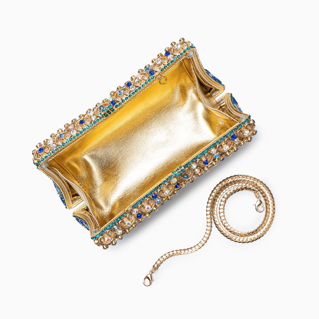 Calla | Crystal Evening Clutch Bag | Gold & Blue Rhinestone, Ornament Pattern