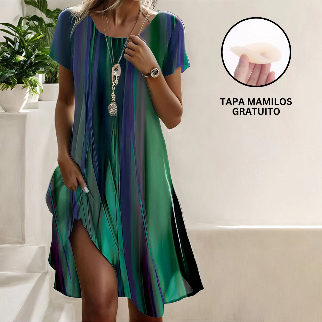 Boho Dress Women Green Ombre Midi Casual Lightweight Round Neck