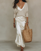 Satin Dress Midi Women Fitted Two Piece Set Knit Sweater Included