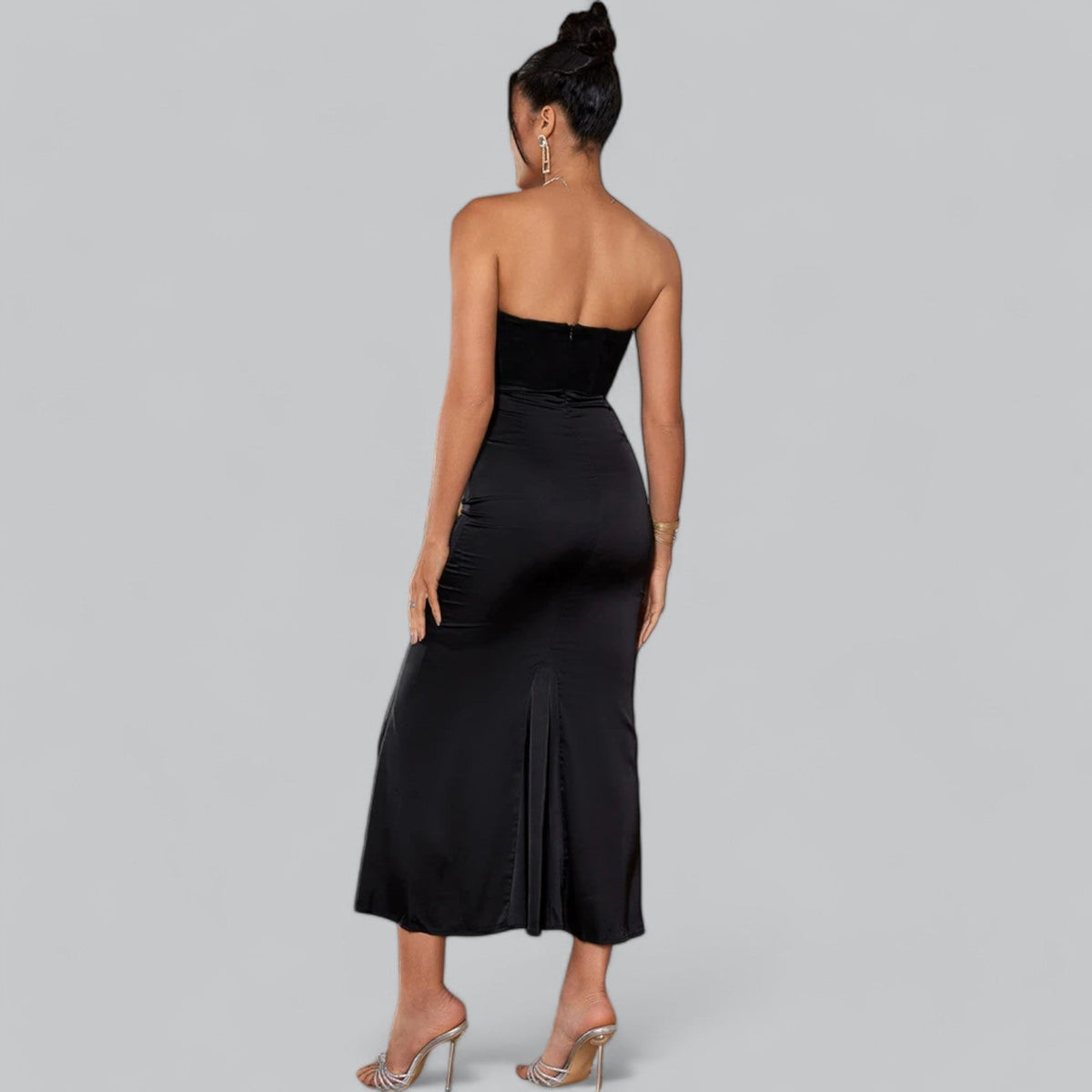 Velvet Dress Women Strapless Corset Bodycon Sheath Midi Length