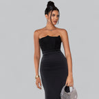 Velvet Dress Women Strapless Corset Bodycon Sheath Midi Length