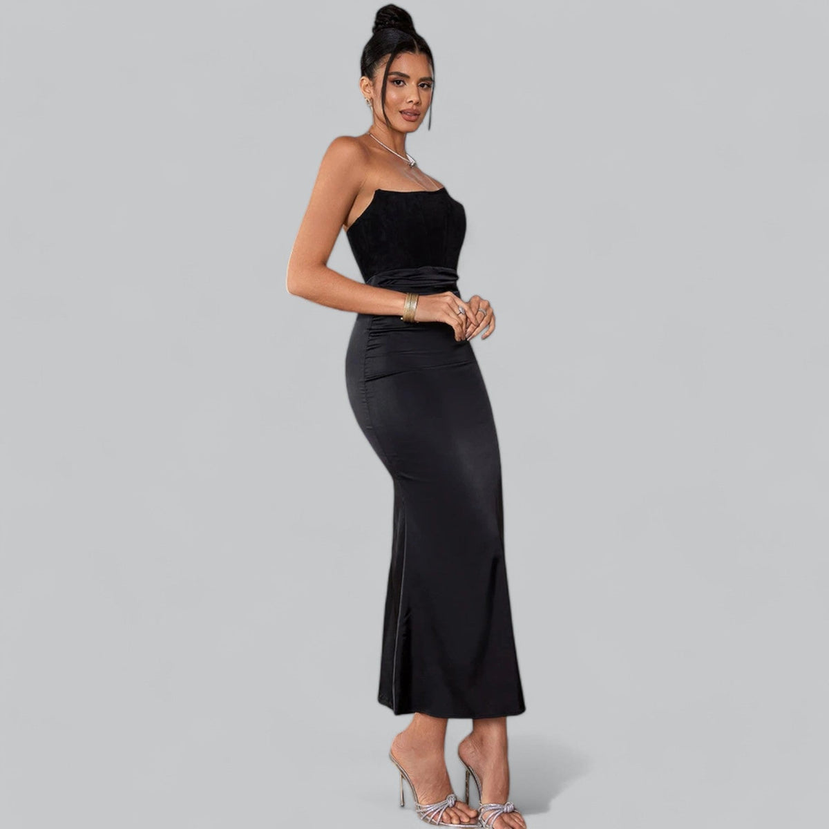 Velvet Dress Women Strapless Corset Bodycon Sheath Midi Length