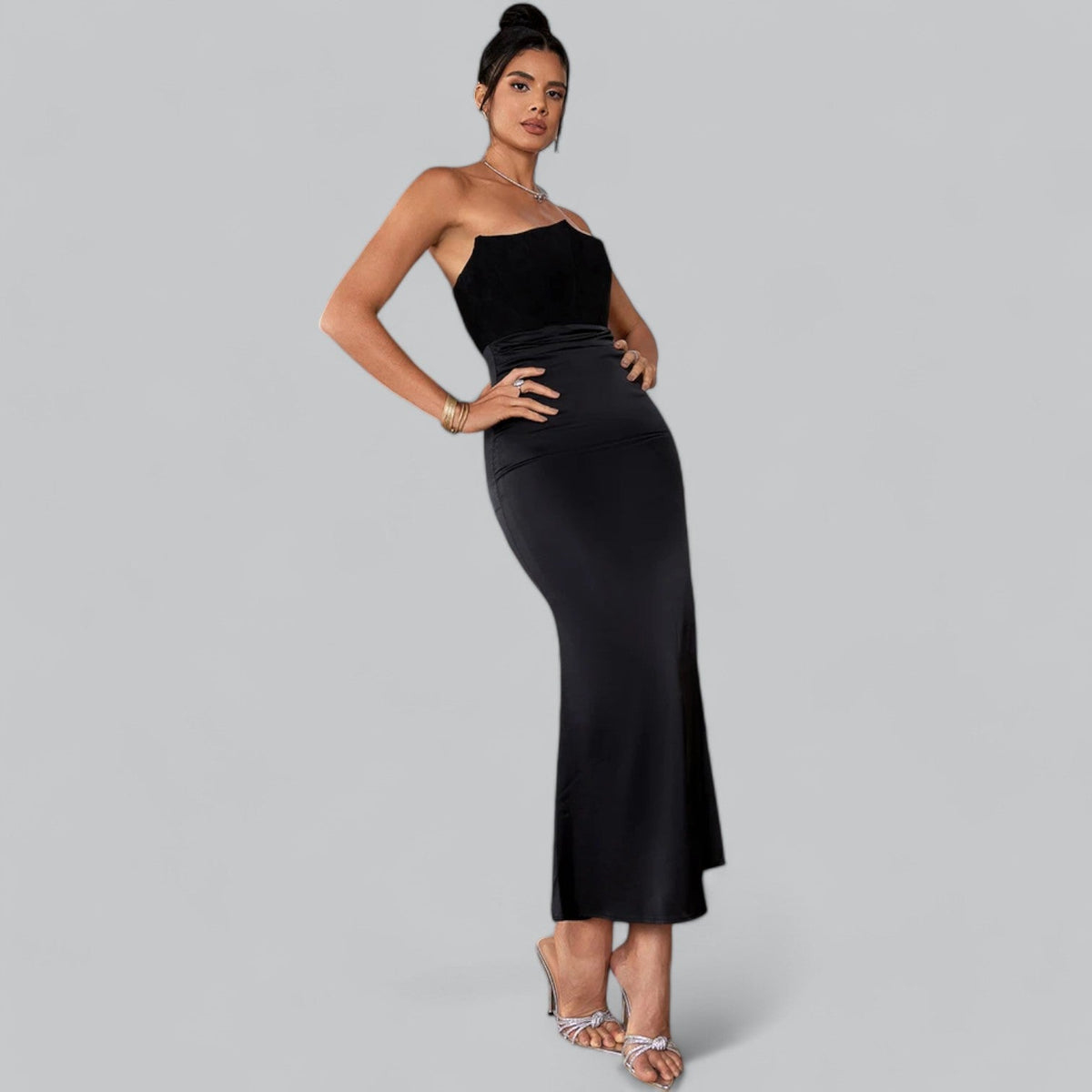 Velvet Dress Women Strapless Corset Bodycon Sheath Midi Length