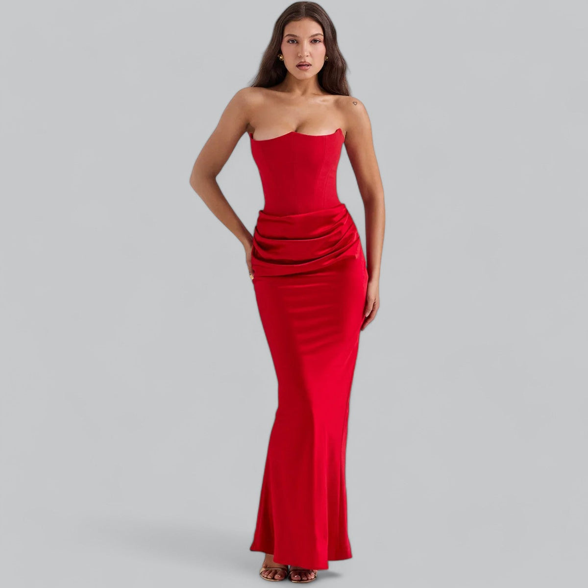 Velvet Dress Women Strapless Corset Bodycon Sheath Midi Length