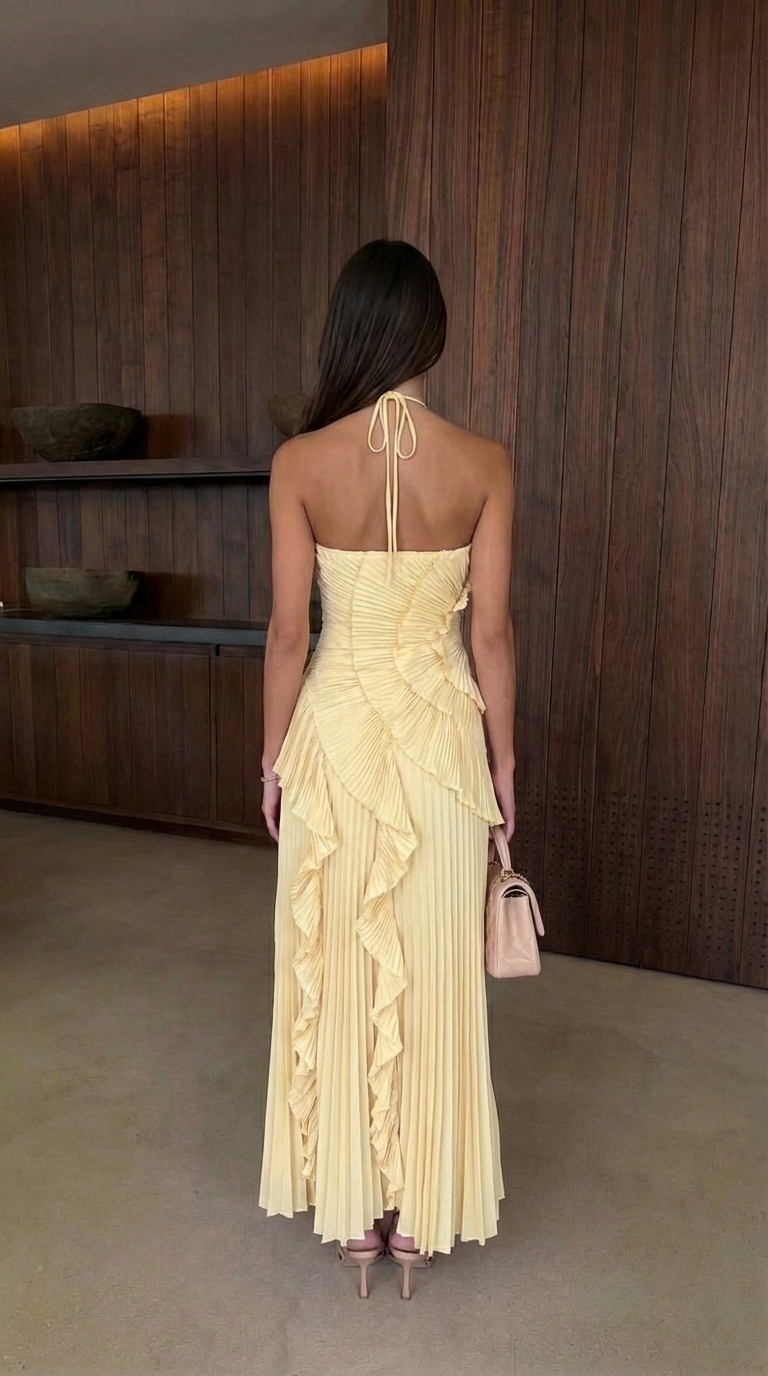 Halterneck Maxi Dress Women Ruffle Asymmetric Hem Sleeveless | Yvaine