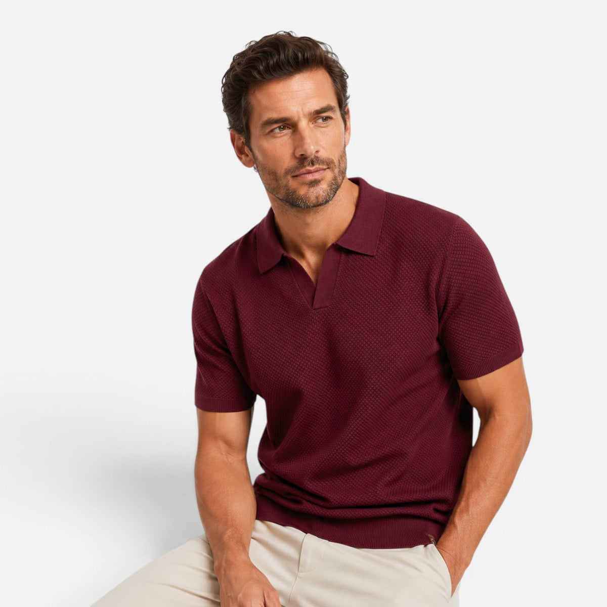 Men Polo Shirt Slim Fit Textured Knit Lightweight Breathable Wear