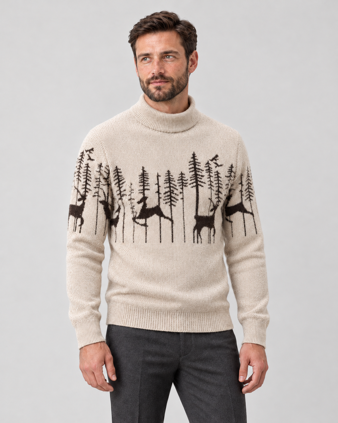 Christmas Sweater Men Festive Reindeer Jacquard Knit Mock Neck