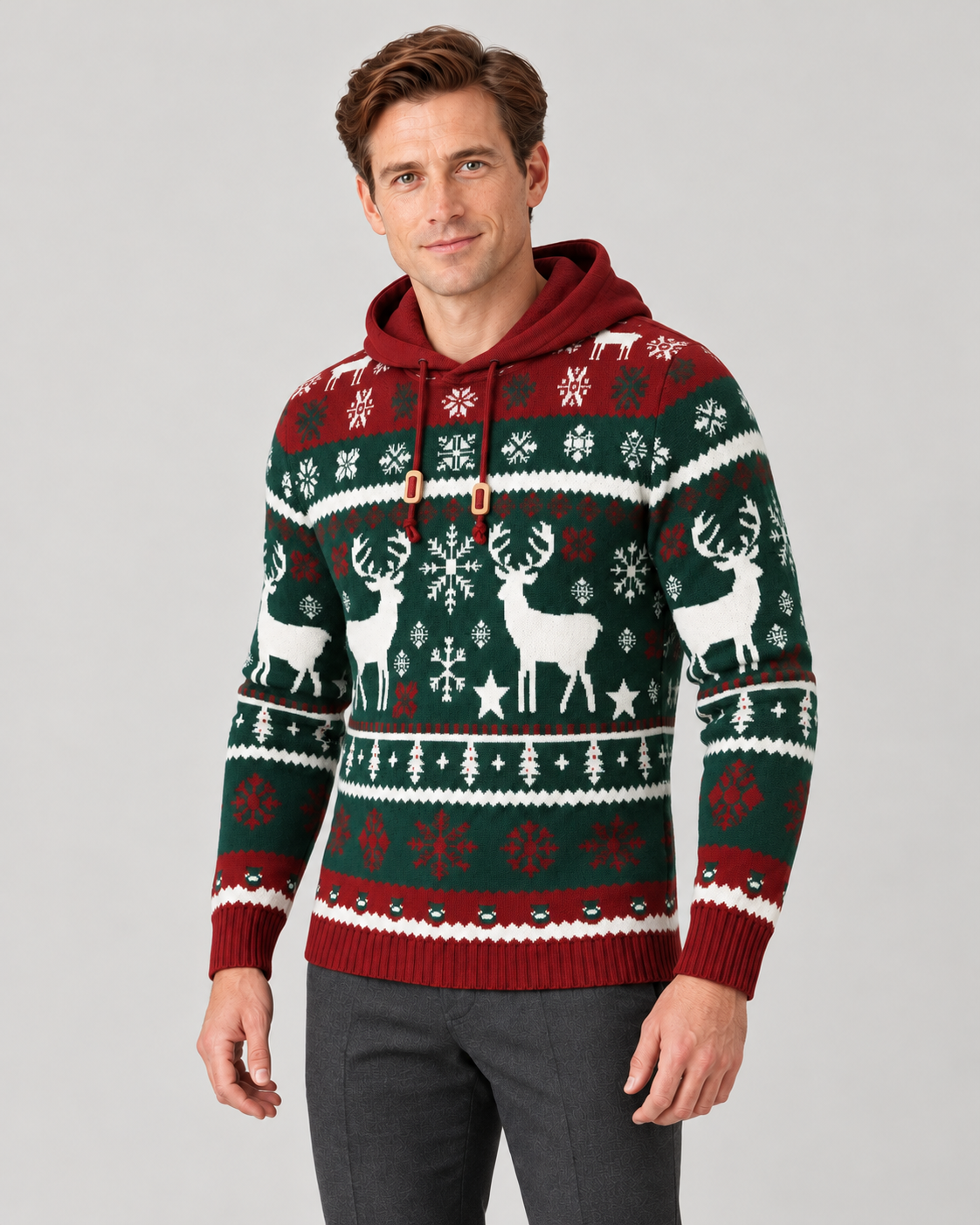 Christmas Sweater Men Hooded Fair Isle Reindeer Pullover Knit