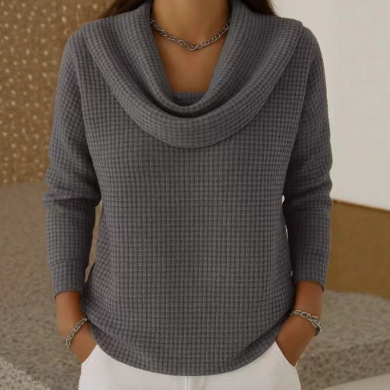 Women Waffle Knit Sweater Waterfall Neck