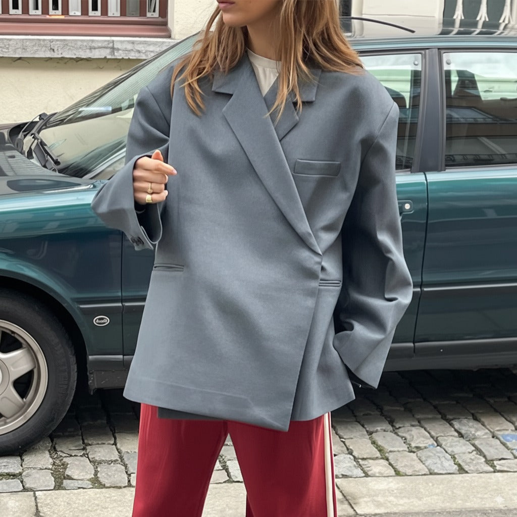 Women Oversized Blazer Notch Lapel Long Sleeve Button Cuffs | Nina