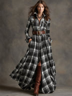 Shirt Dress Women Plaid Button Down Lapel Midi | Indra