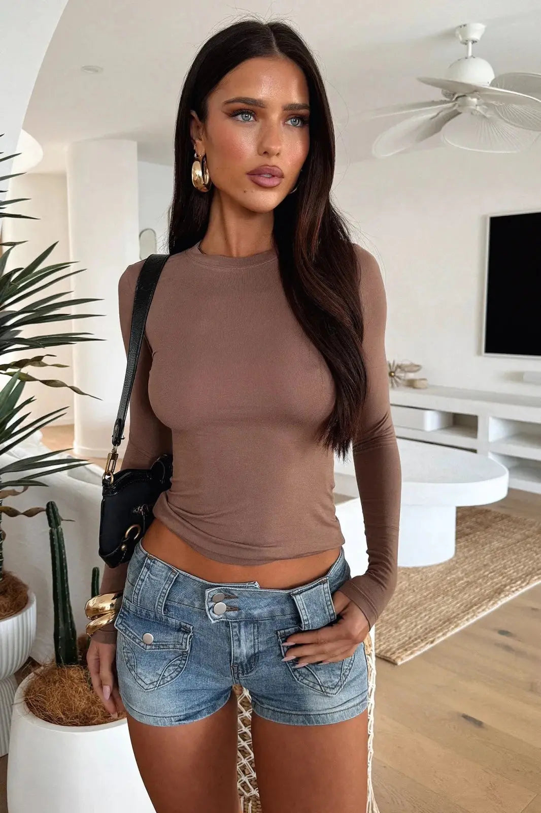Women Crop Top Long Sleeve Ribbed Slim Fit Cotton | Nina