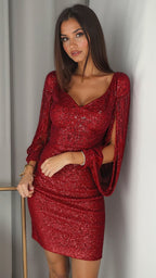 Party Dress Women Sequin Long Sleeve V Neck Cocktail Mini Fringe