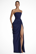 Reva | Maxi Dress | Women's Strapless Ruched Slit | Wedding Guest, Formal