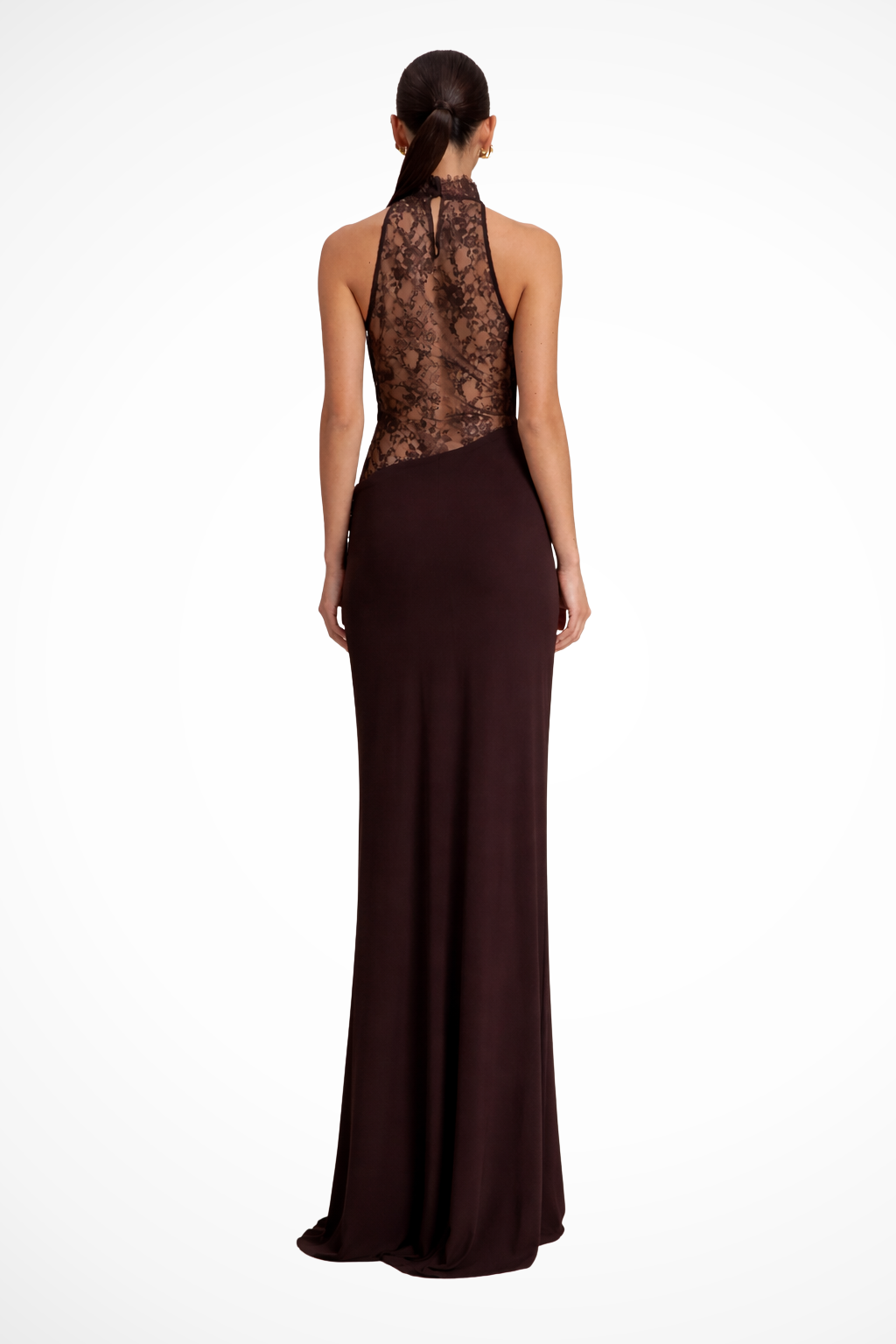 Faye | Women's Halter Neck Maxi Dress | Lace Panel, Red Brown