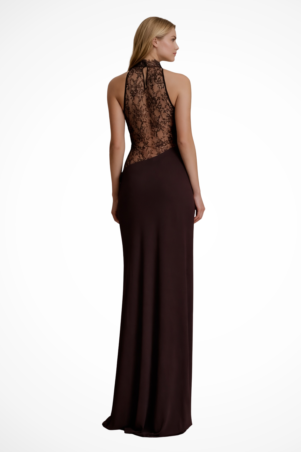 Faye | Women's Halter Neck Maxi Dress | Lace Panel, Red Brown