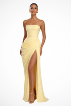 Reva | Maxi Dress | Women's Strapless Ruched Slit | Wedding Guest, Formal