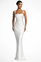 Birdie | Women's Satin Maxi Dress | Square Neck, Ruched, Wedding Guest