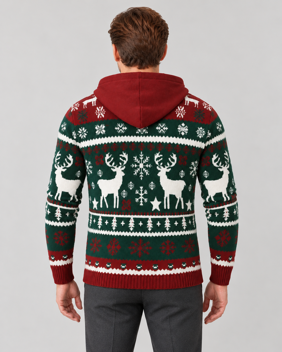 Christmas Sweater Men Hooded Fair Isle Reindeer Pullover Knit