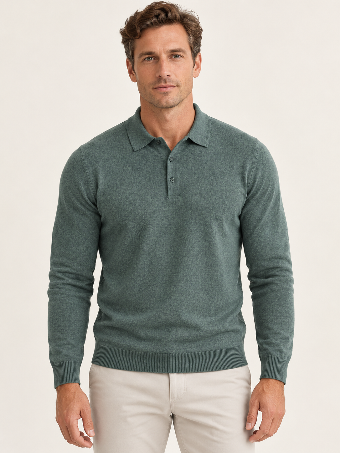 Men Polo Shirt Long Sleeve Knitted Ribbed Cuff Autumn Winter