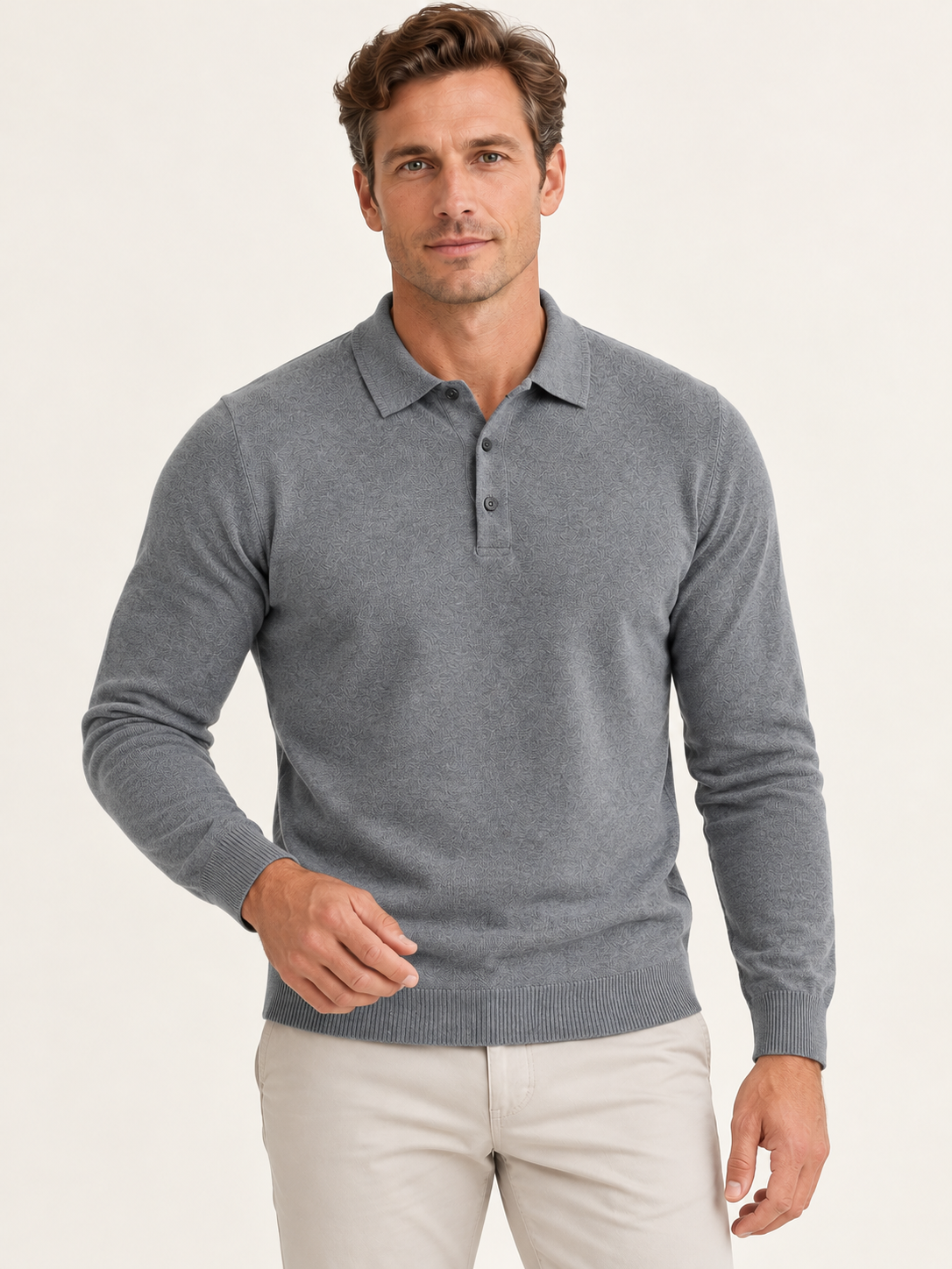 Men Polo Shirt Long Sleeve Knitted Ribbed Cuff Autumn Winter
