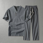 Cora | Men's Linen Blend Two Piece Set | V-Neck Top & Drawstring Trousers