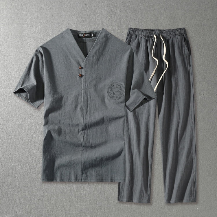 Cora | Men's Linen Blend Two Piece Set | V-Neck Top & Drawstring Trousers