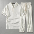 Cora | Men's Linen Blend Two Piece Set | V-Neck Top & Drawstring Trousers