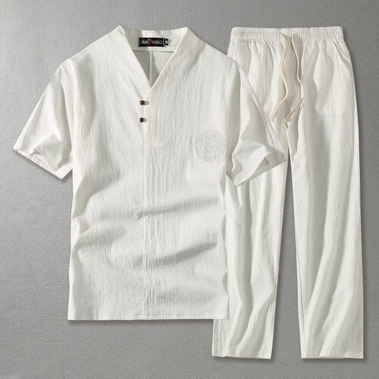Cora | Men's Linen Blend Two Piece Set | V-Neck Top & Drawstring Trousers