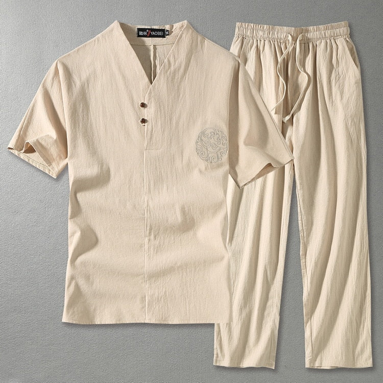 Cora | Men's Linen Blend Two Piece Set | V-Neck Top & Drawstring Trousers