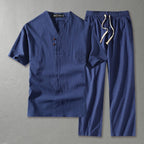 Cora | Men's Linen Blend Two Piece Set | V-Neck Top & Drawstring Trousers