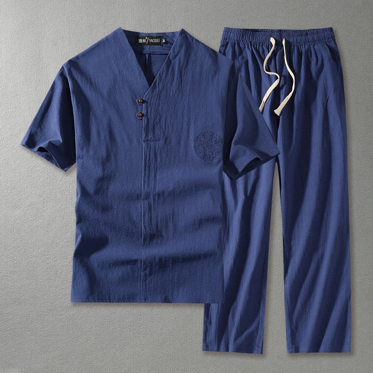 Cora | Men's Linen Blend Two Piece Set | V-Neck Top & Drawstring Trousers