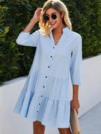 Valentina | Women's Summer Dress | Light Blue Check, Collarless