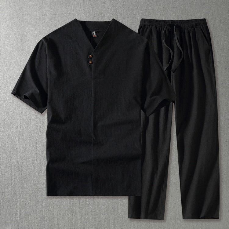 Cora | Men's Linen Blend Two Piece Set | V-Neck Top & Drawstring Trousers