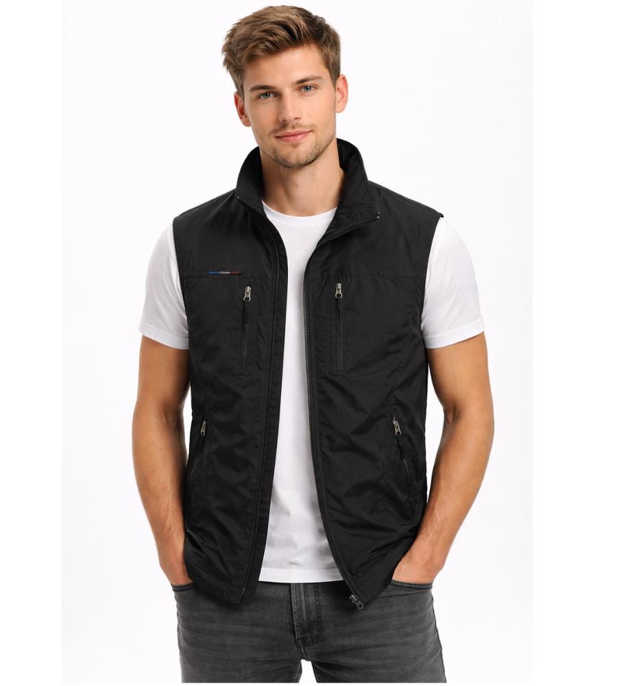 Men Sleeveless Vest Stand Collar Multi-Pocket Zip-Up
