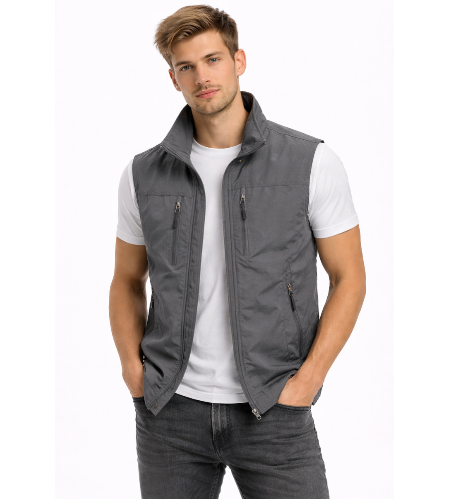 Men Sleeveless Vest Stand Collar Multi-Pocket Zip-Up