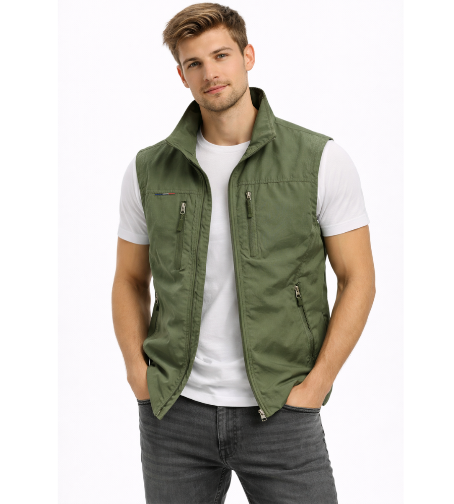 Men Sleeveless Vest Stand Collar Multi-Pocket Zip-Up