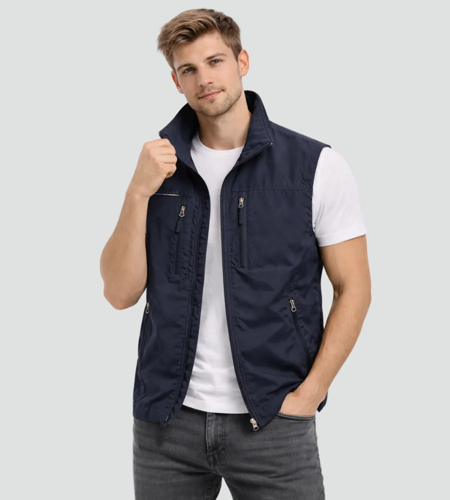 Men Sleeveless Vest Stand Collar Multi-Pocket Zip-Up