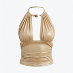 Halter Top | Gold Mesh, Metal Neck Detail | Open Back, Adjustable Tie