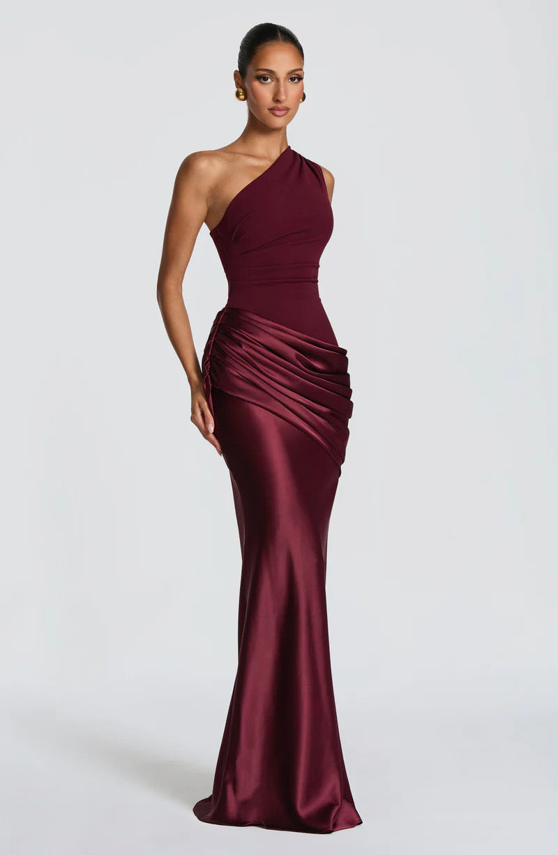 Long Maxi Dress Women One Shoulder Asymmetric Neckline Draped
