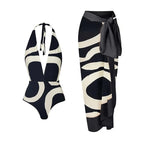 Bikini Sets Women Black White Abstract Halter Swimsuit Wrap Skirt | Cora