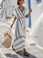 Women Striped Maxi Dress Wrap