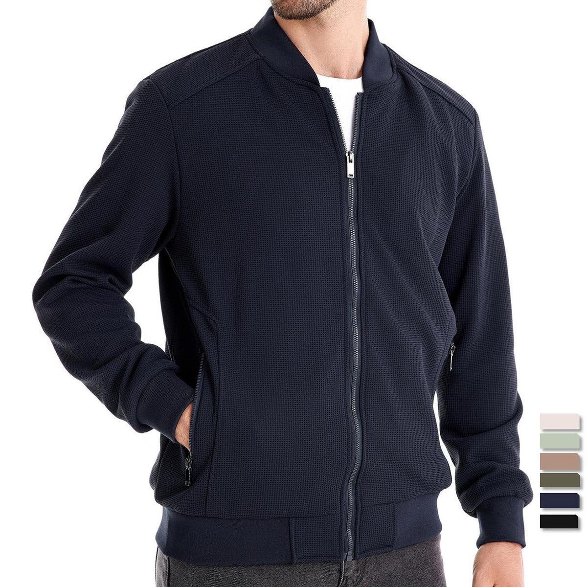 Men Zip Up Bomber Jacket Quilted Shoulder