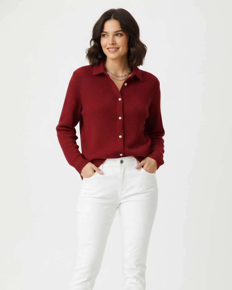 Women Cotton Stretch Cardigan Shirt Collar Fitted