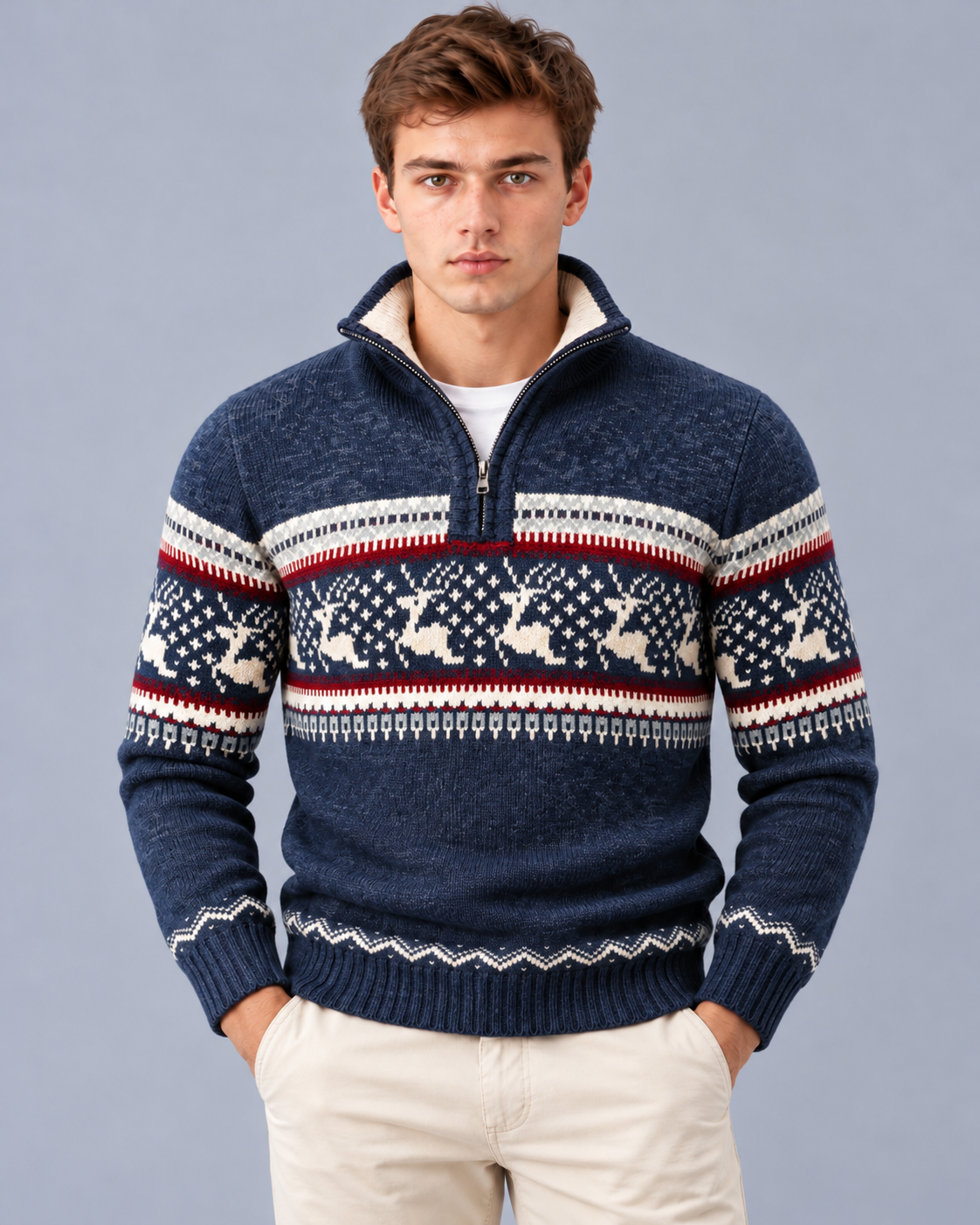 Christmas Sweater Men Quarter Zip Fair Isle Reindeer Knit Winter