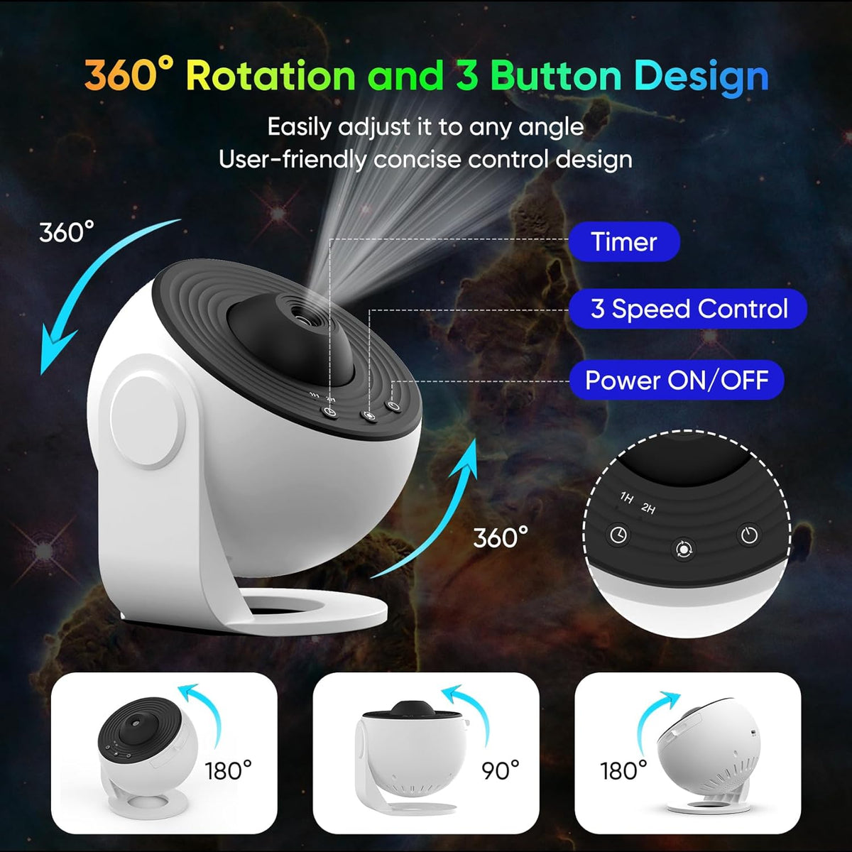 Nora | Star Projector | 360° Rotating Galaxy Night Light | 12 Effects, Timer