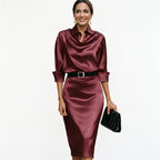 Midi Dress Wedding Guest Satin Draped Collar Figure Skimming | Xanthe