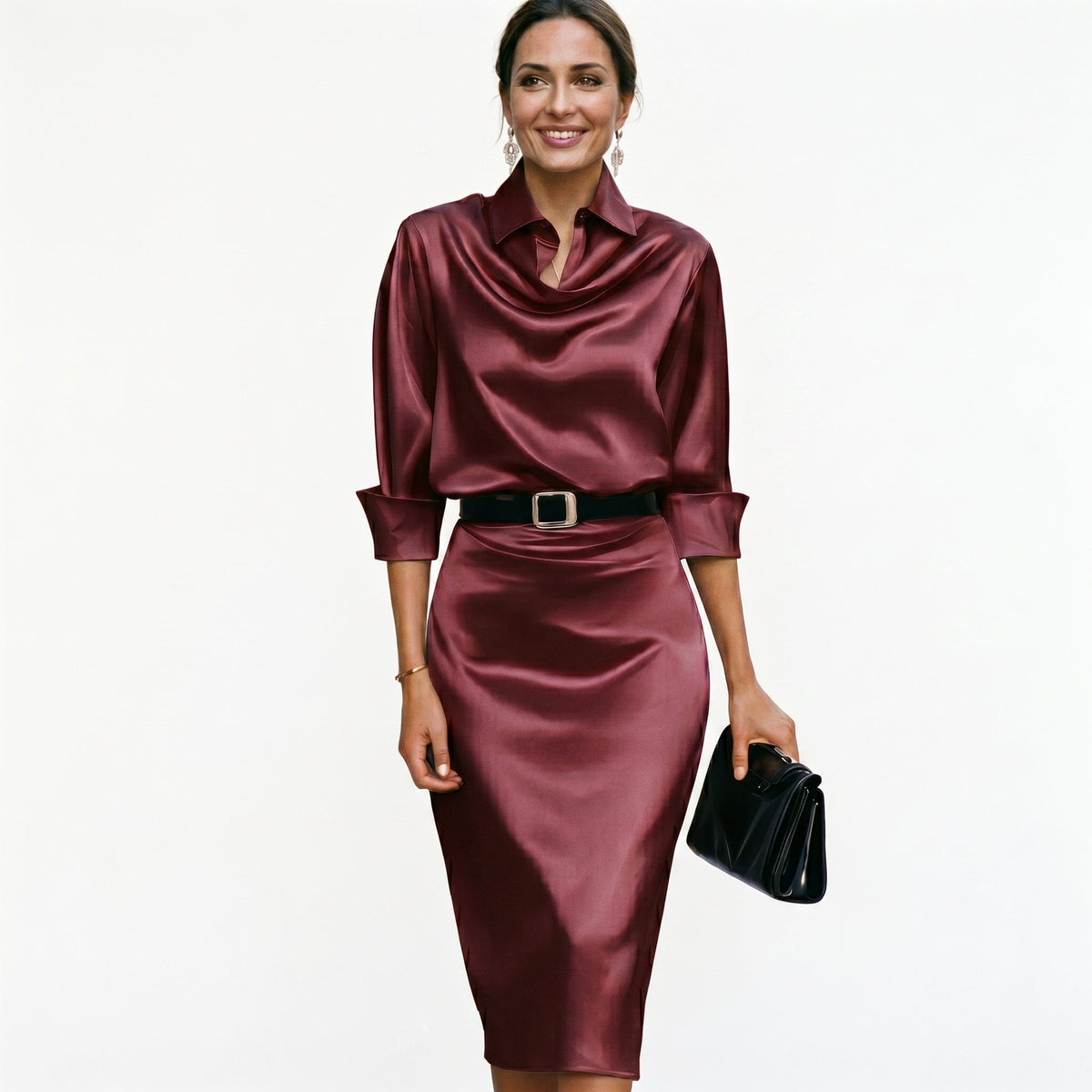 Midi Dress Wedding Guest Satin Draped Collar Figure Skimming | Xanthe