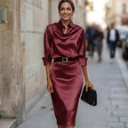 Midi Dress Wedding Guest Satin Draped Collar Figure Skimming | Xanthe